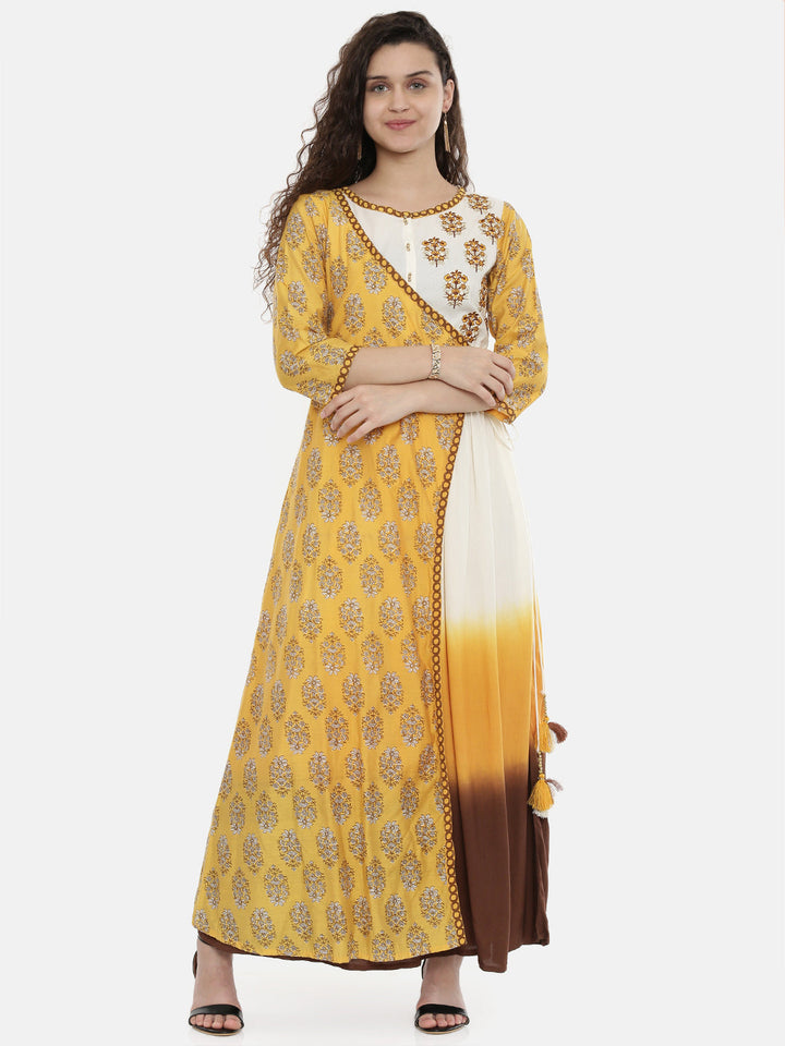Neerus Yellow cotton embroidered A-line kurta - front view