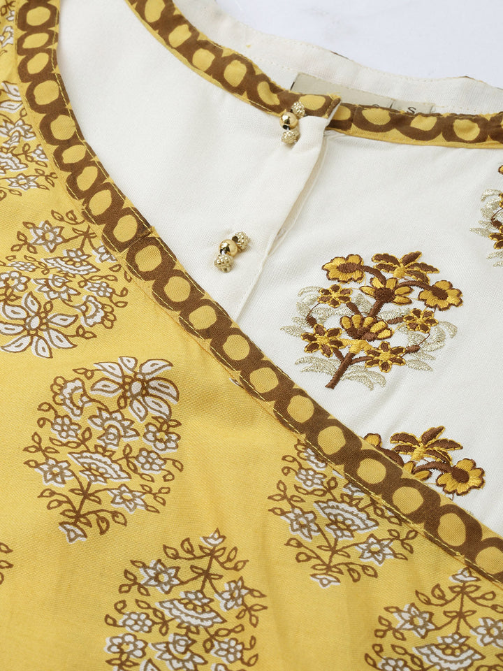 Neerus Yellow cotton embroidered A-line kurta - side view