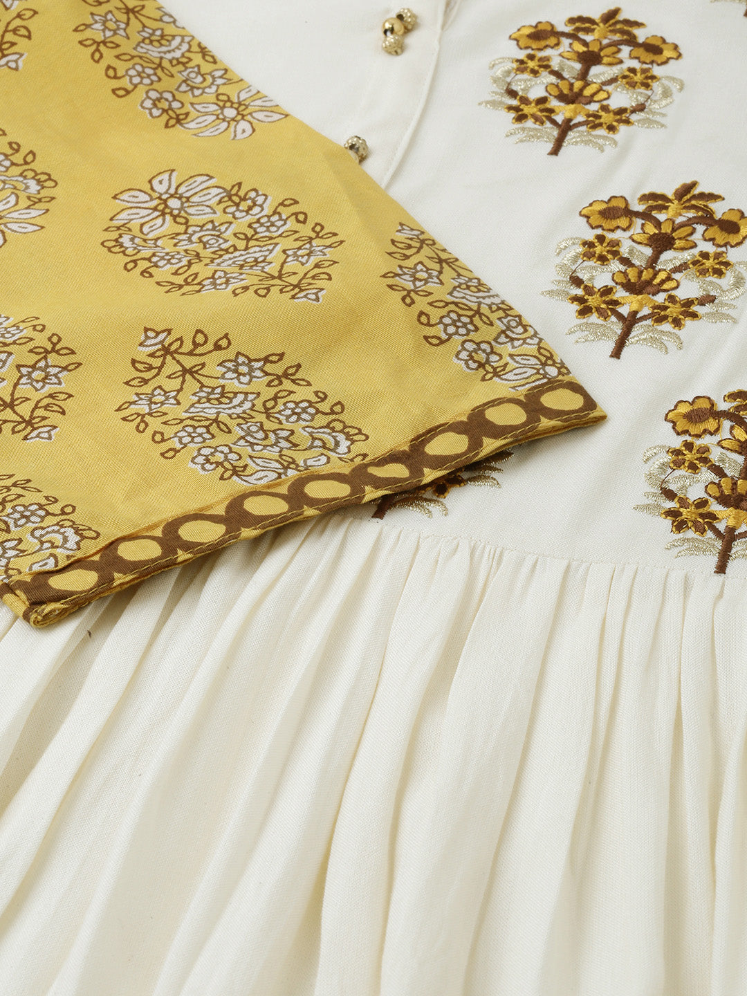 Neerus Yellow cotton embroidered A-line kurta - detail view 1