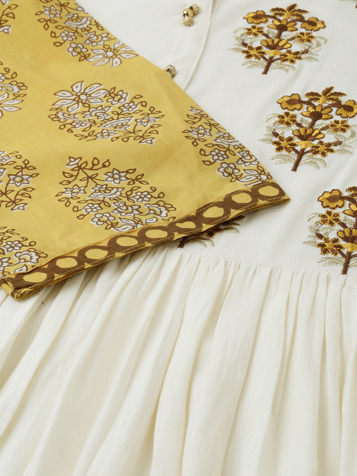 Neerus Yellow cotton embroidered A-line kurta - detail view 1