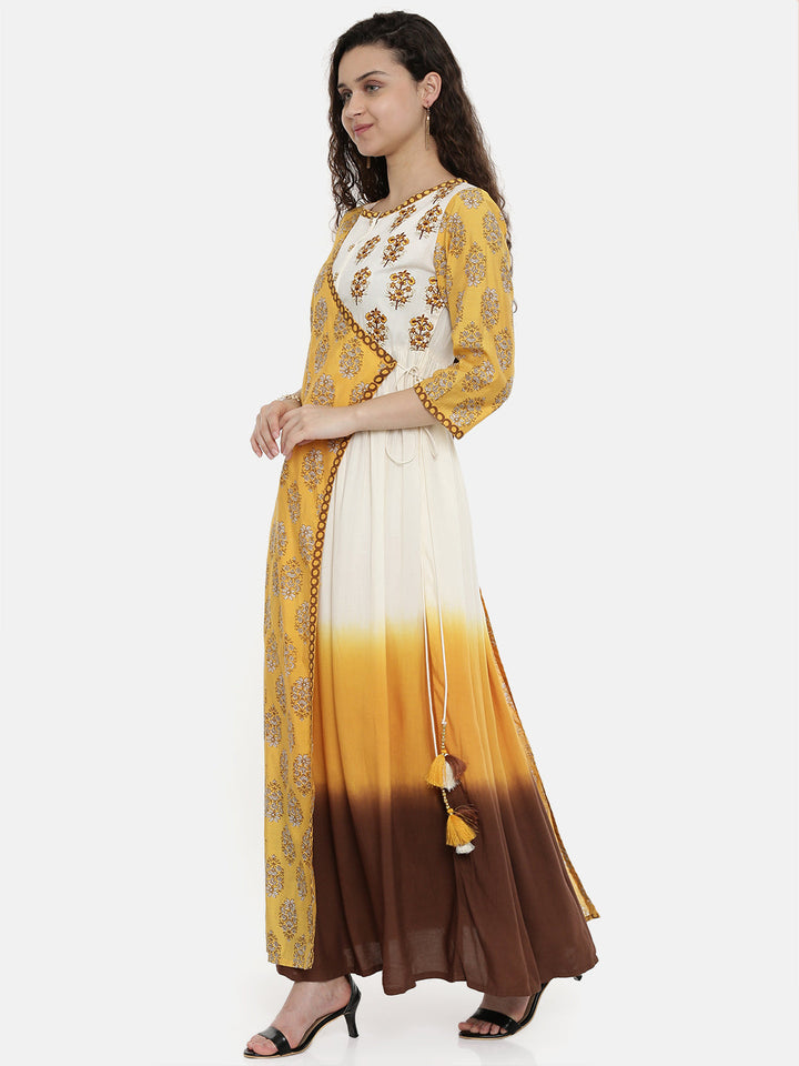 Neerus Yellow cotton embroidered A-line kurta - detail view 2