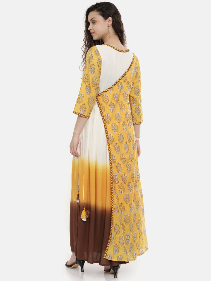 Neerus Yellow cotton embroidered A-line kurta - detail view 3