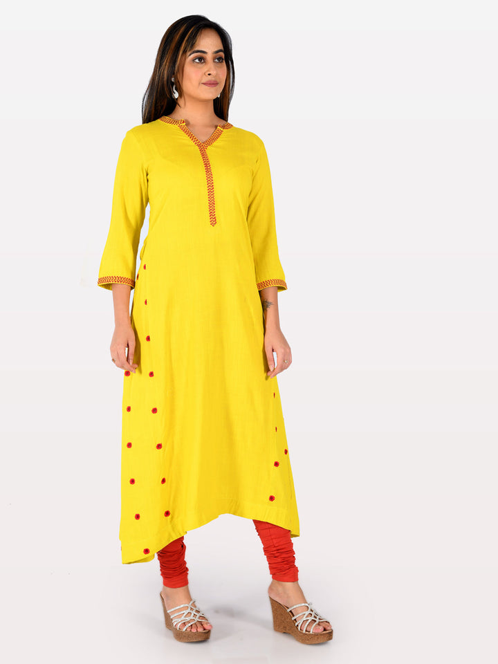Neerus Yellow rayon embroidered flared kurta - front view