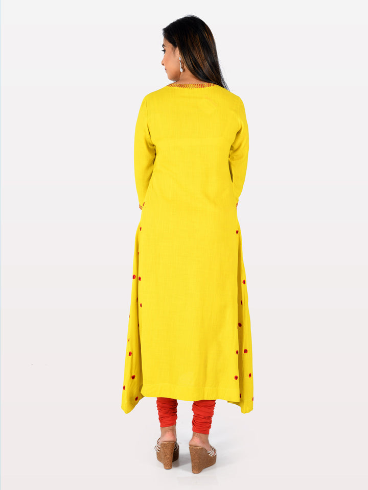 Neerus Yellow rayon embroidered flared kurta - back view