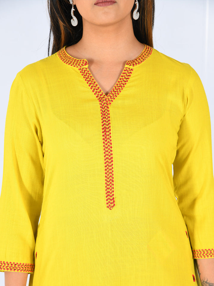 Neerus Yellow rayon embroidered flared kurta - side view