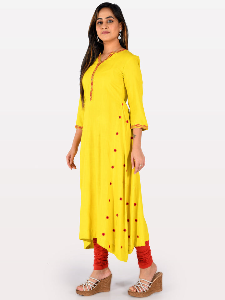 Neerus Yellow rayon embroidered flared kurta - detail view 1
