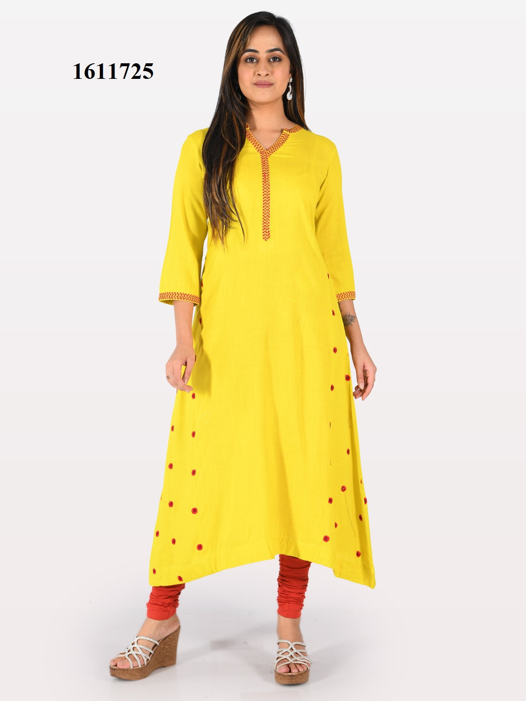 Neerus Yellow rayon embroidered flared kurta - detail view 2