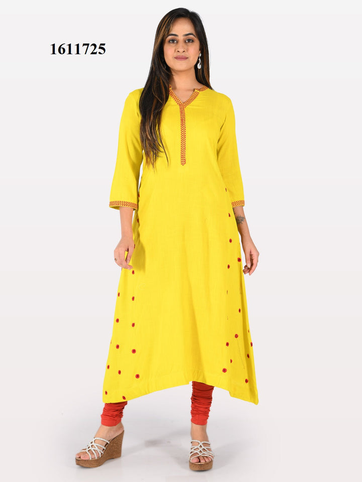 Neerus Yellow rayon embroidered flared kurta - detail view 2