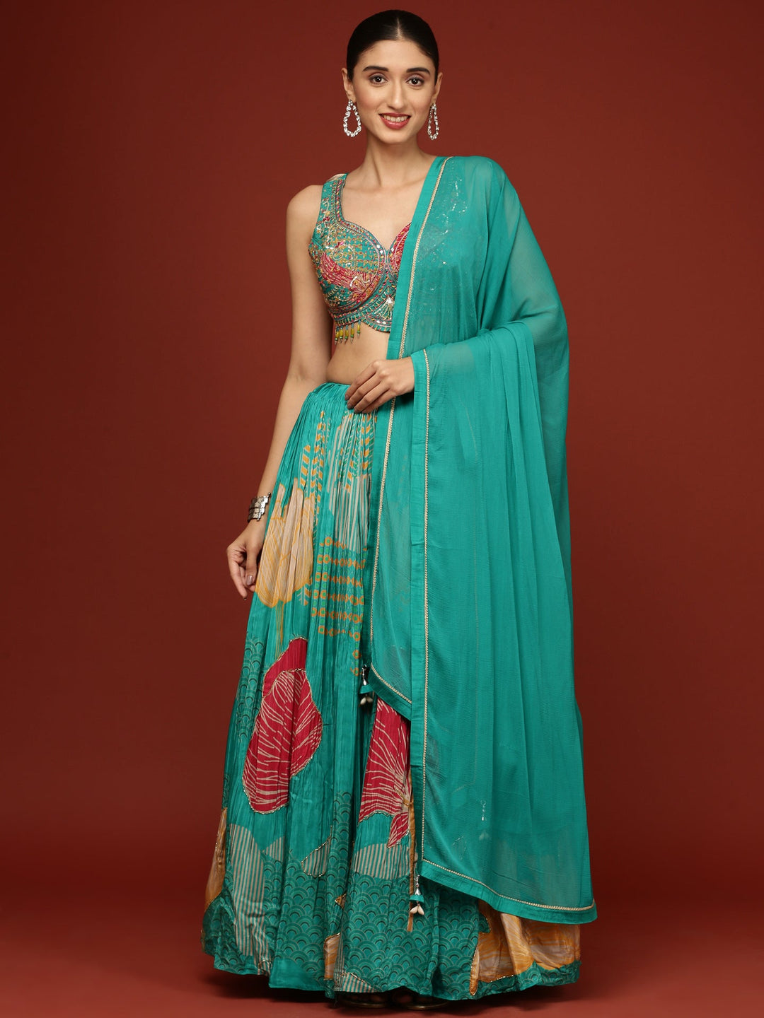 Neerus Green crepe printed lehenga set - front view