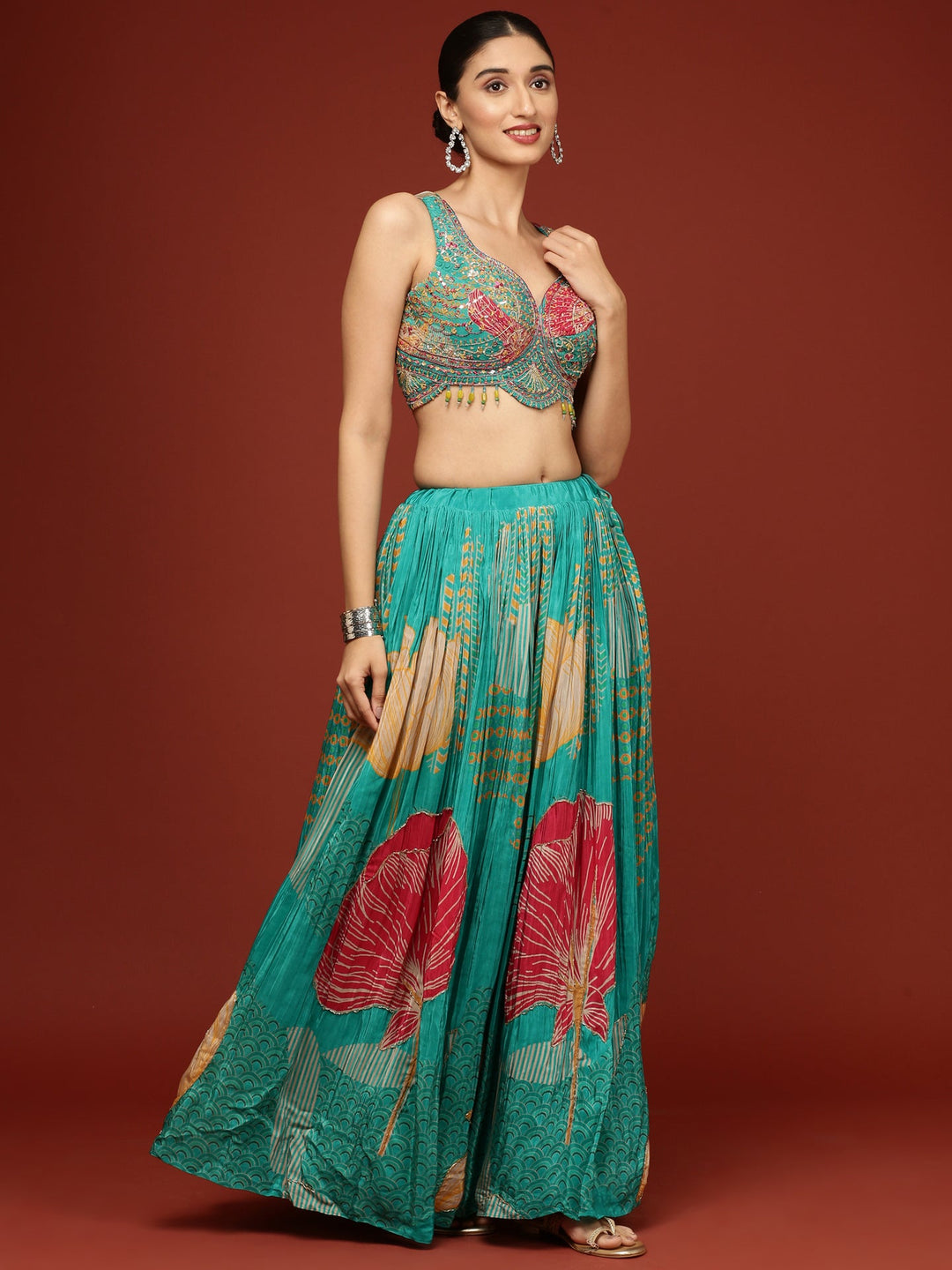 Neerus Green crepe printed lehenga set - back view