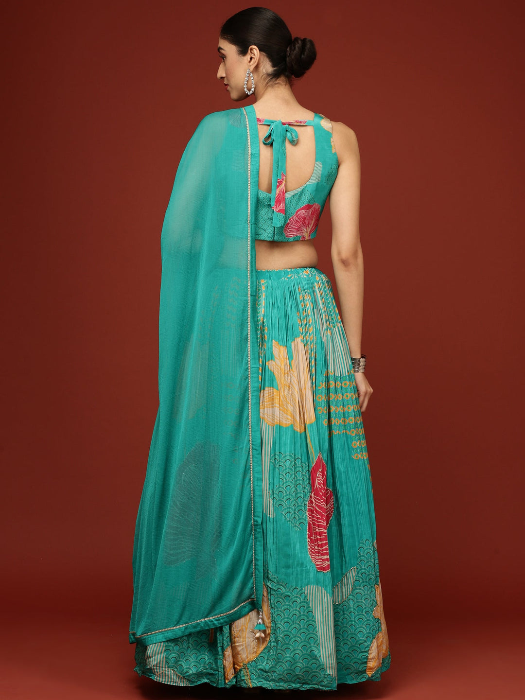 Neerus Green crepe printed lehenga set - side view