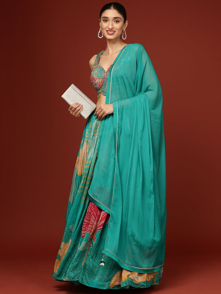 Neerus Green crepe printed lehenga set - detail view 2