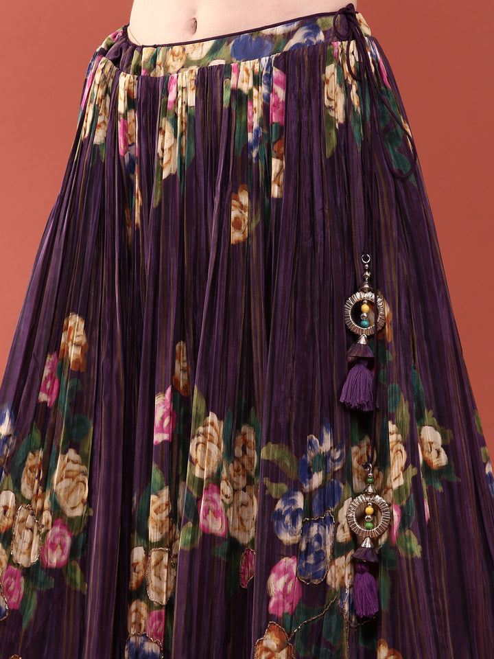 Purple Crepe Hand Embroidered Ghagra Set