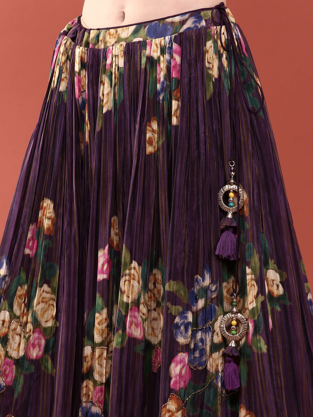 Neerus Purple crepe hand embroidered lehenga set - detail view 4