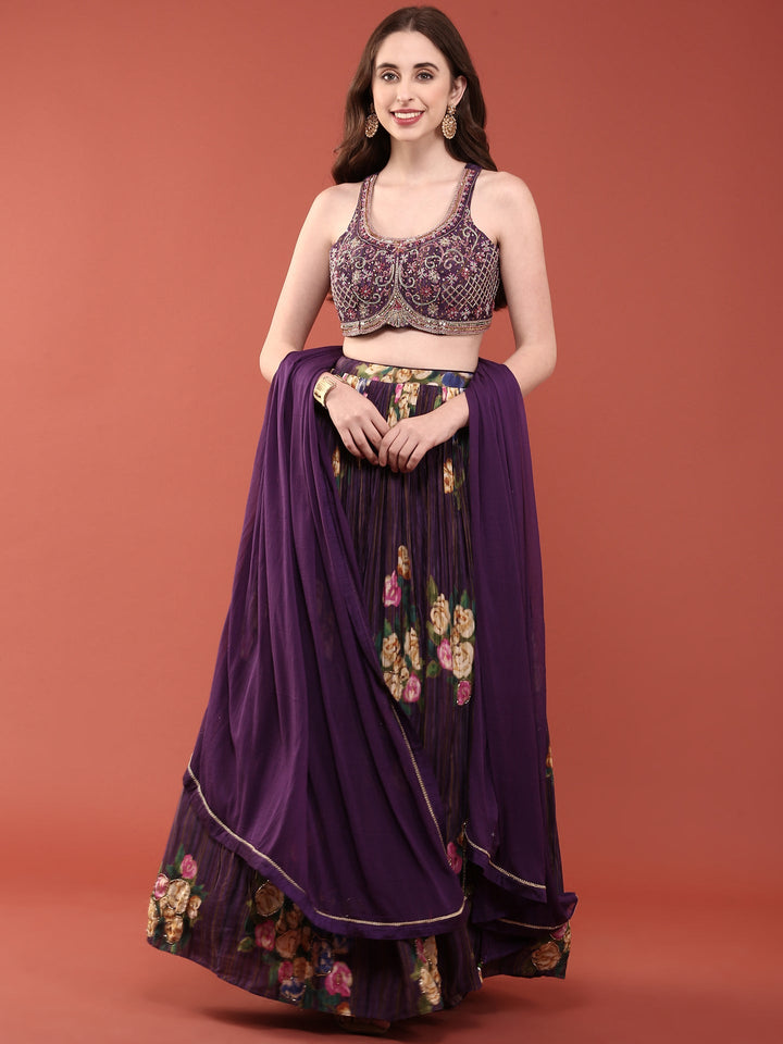 Neerus Purple crepe hand embroidered lehenga set - front view
