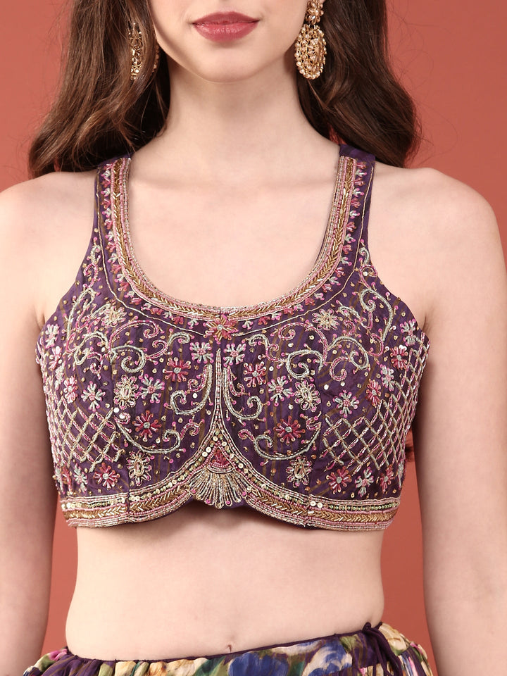 Neerus Purple crepe hand embroidered lehenga set - detail view 1