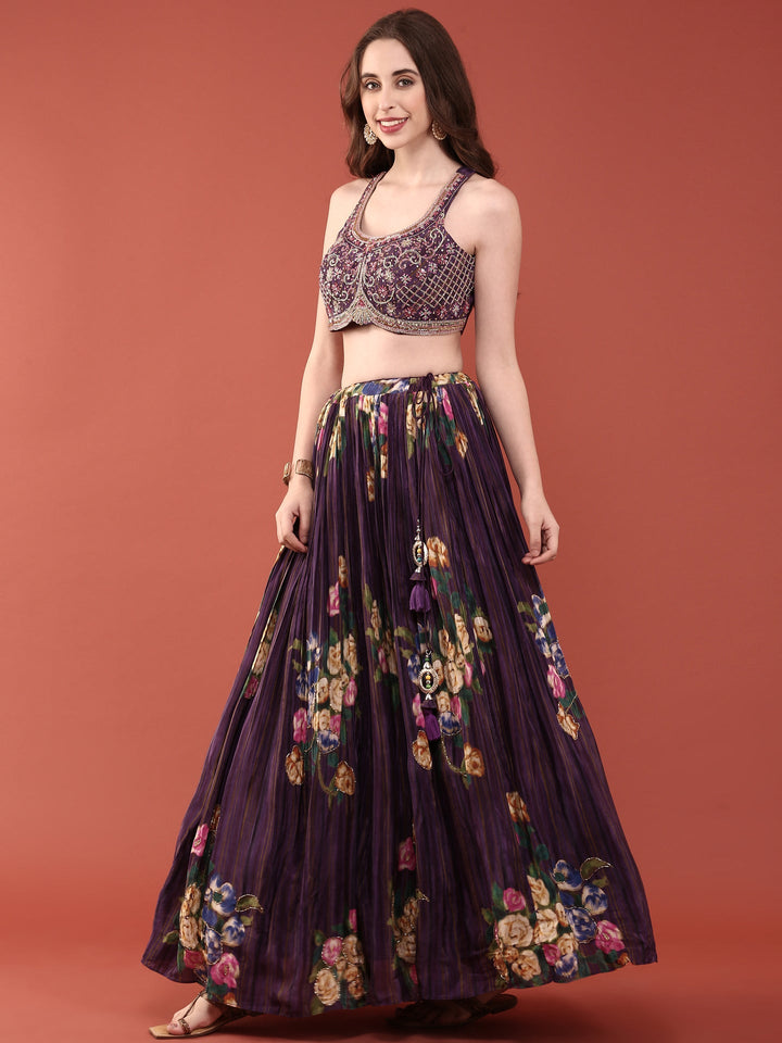 Neerus Purple crepe hand embroidered lehenga set - back view