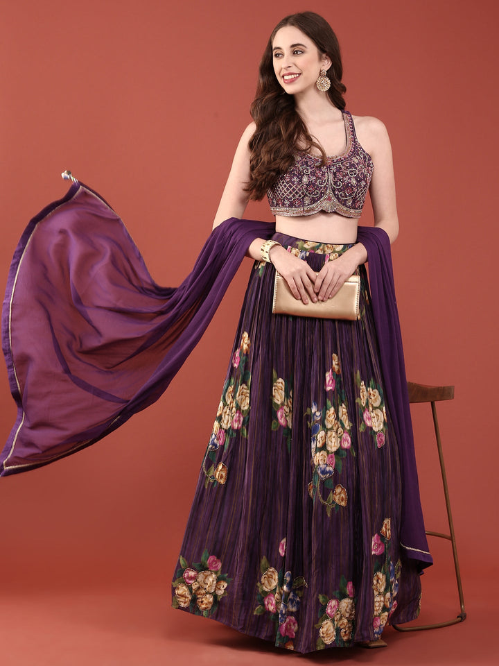 Neerus Purple crepe hand embroidered lehenga set - detail view 3