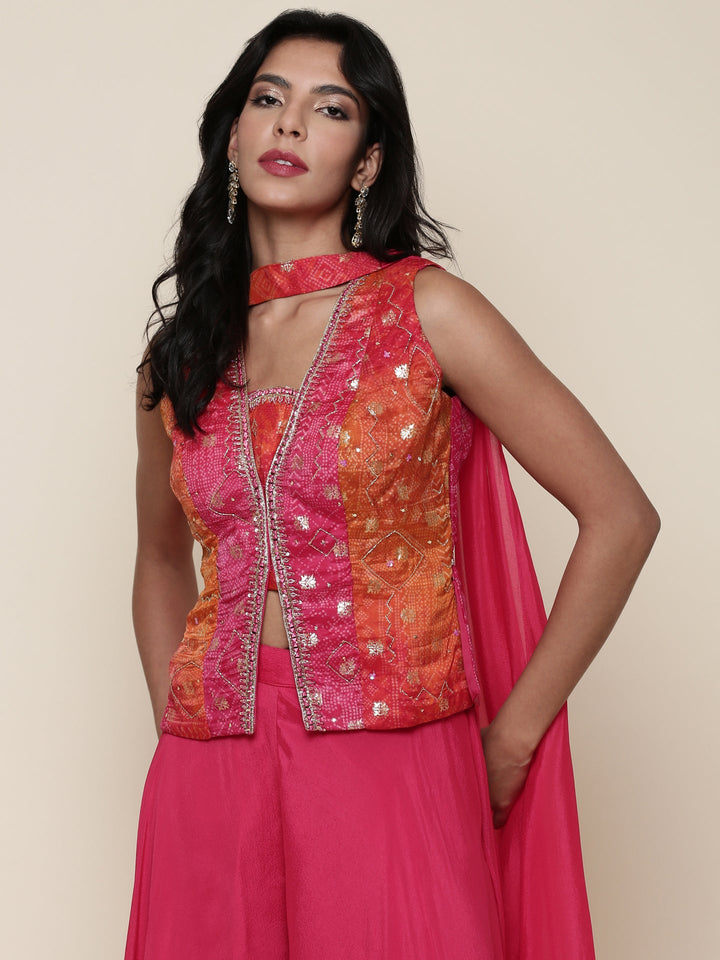Neerus Pink chinon embroidered flared suit set - detail view 3
