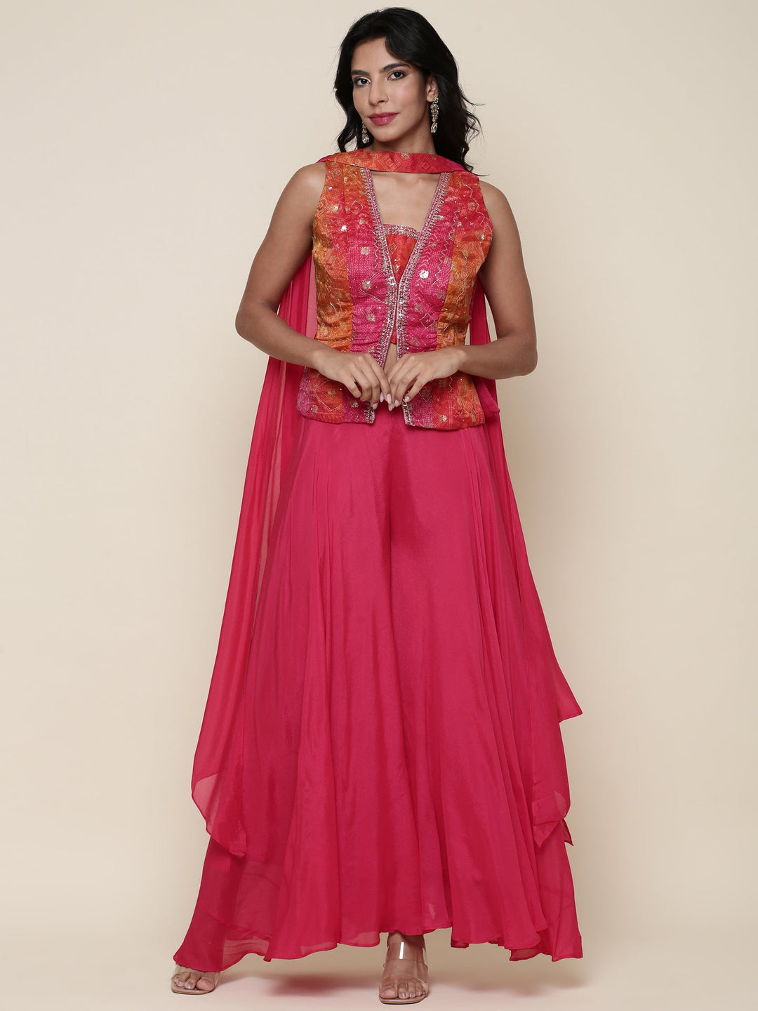 Neerus Pink chinon embroidered flared suit set - front view