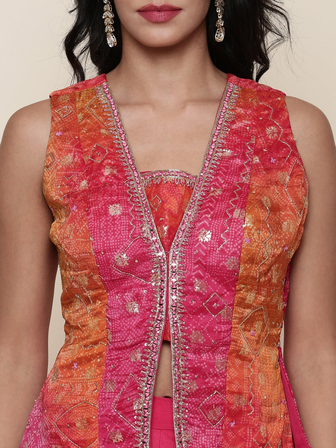 Neerus Pink chinon embroidered flared suit set - detail view 1