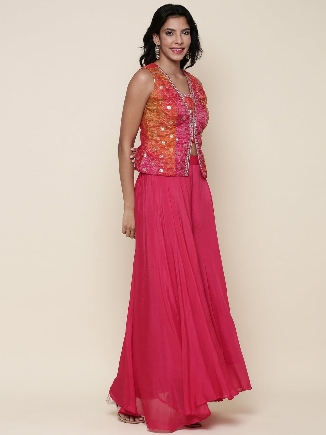 Neerus Pink chinon embroidered flared suit set - back view