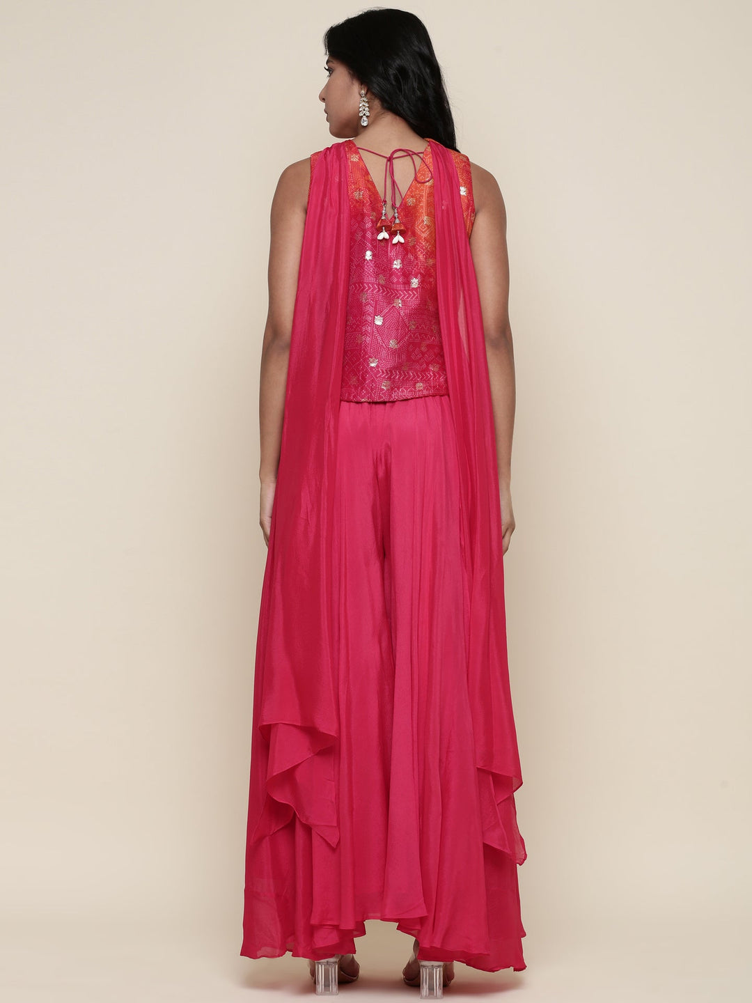 Neerus Pink chinon embroidered flared suit set - side view