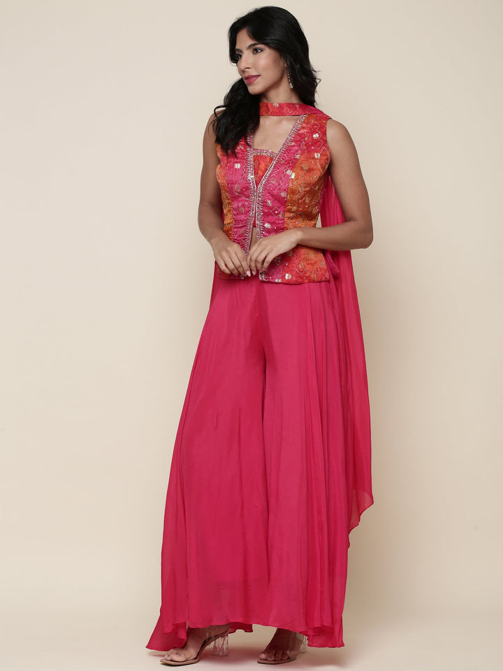 Neerus Pink chinon embroidered flared suit set - detail view 2