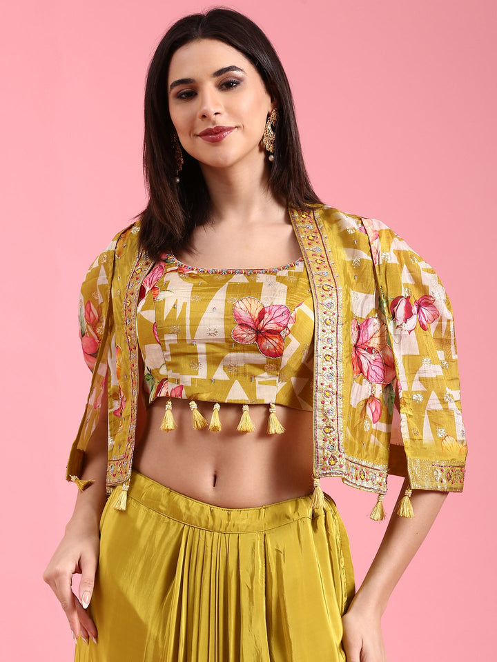 Yellow Organza Printed Jacket With Draped Skirt