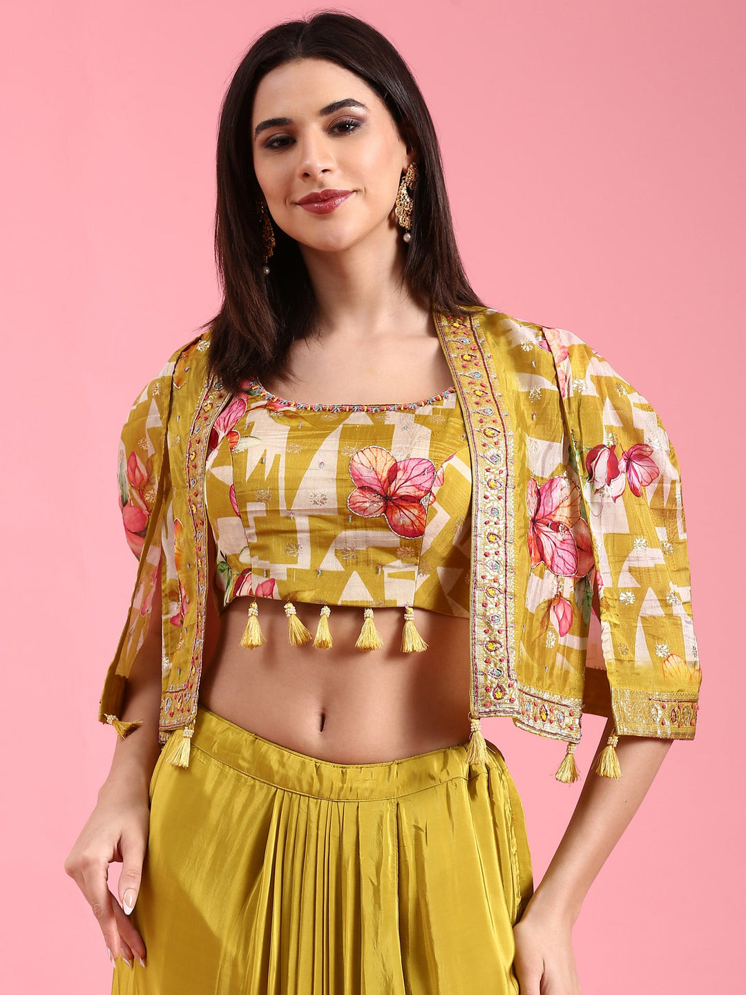 Neerus Yellow organza printed jacket with draped skirt - detail view 2