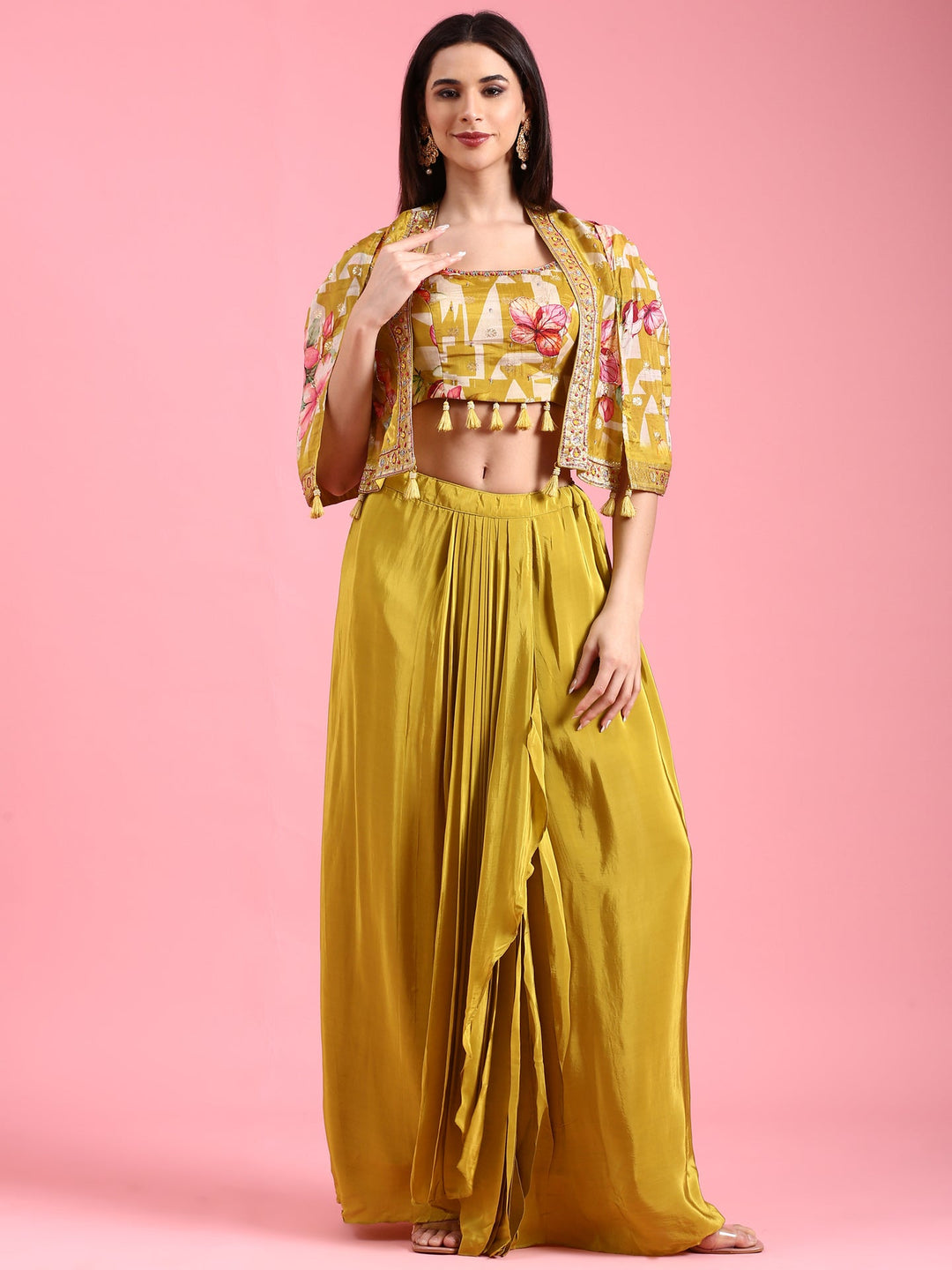 Neerus Yellow organza printed jacket with draped skirt - detail view 3