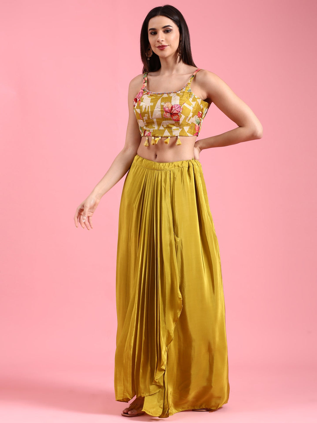 Neerus Green silk printed co-ord set jacket with skirt - back view