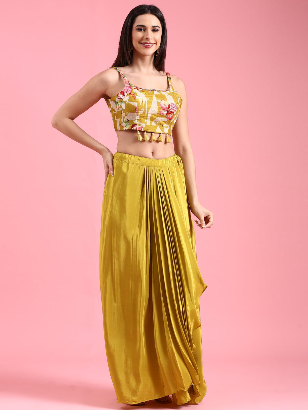 Neerus Yellow organza printed jacket with draped skirt - back view