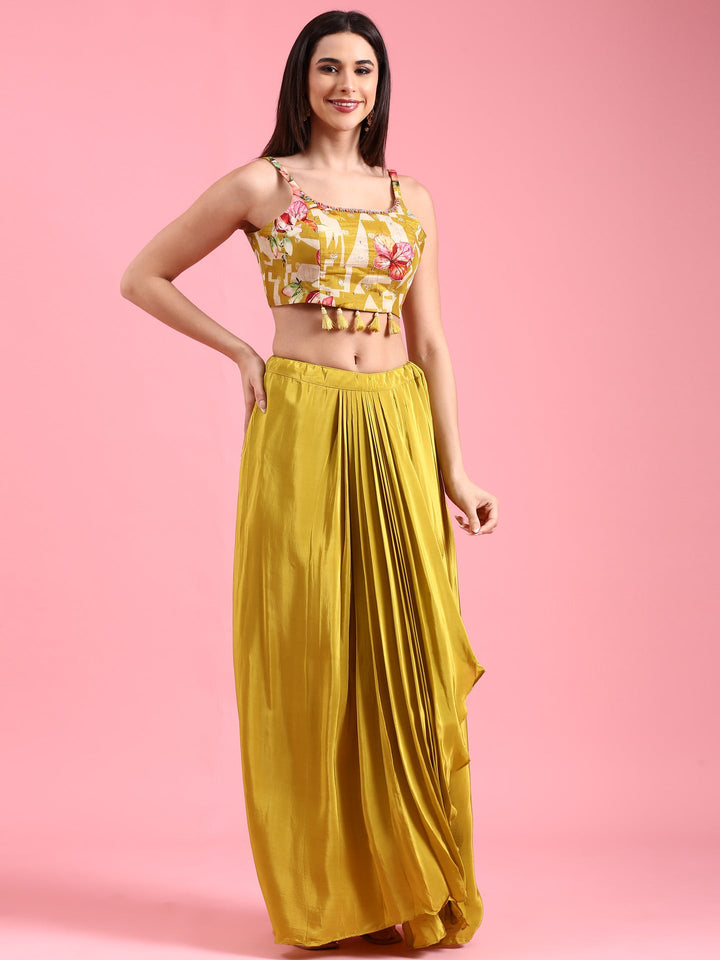 Neerus Yellow organza printed jacket with draped skirt - back view