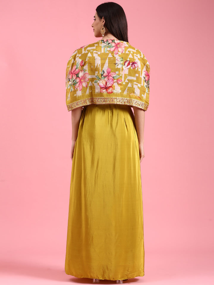 Yellow Organza Printed Jacket With Draped Skirt