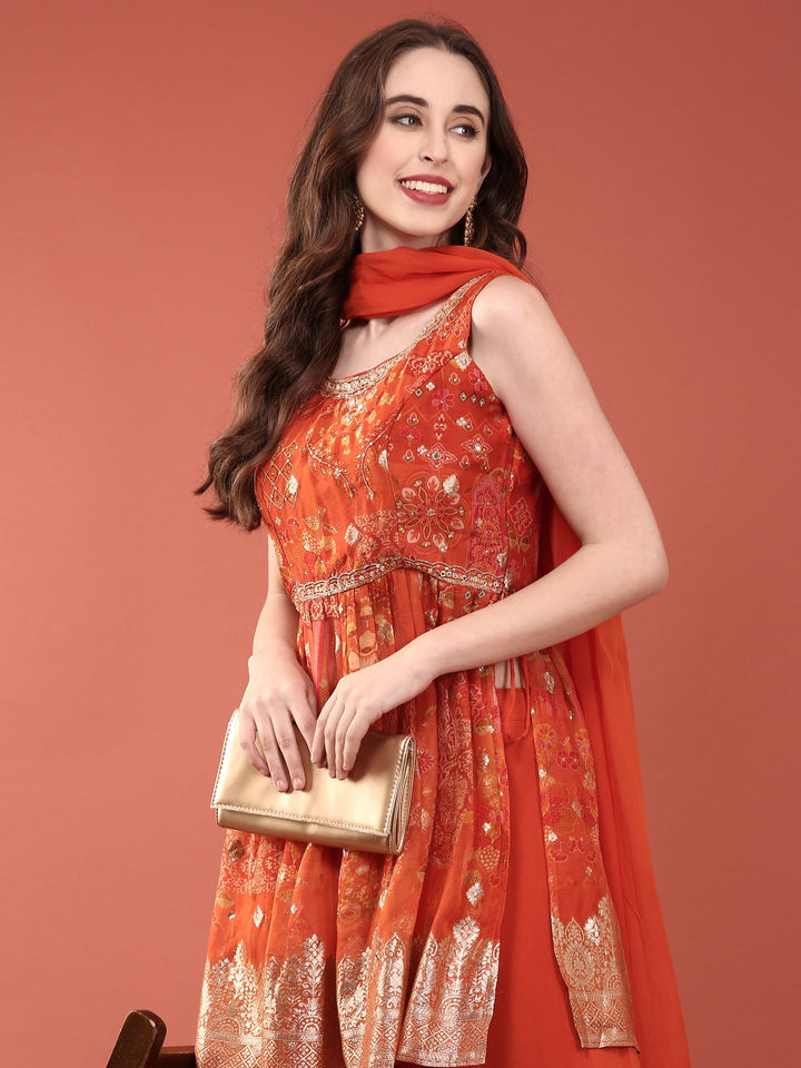 Neerus Orange organza digital printed suit set - detail view 4