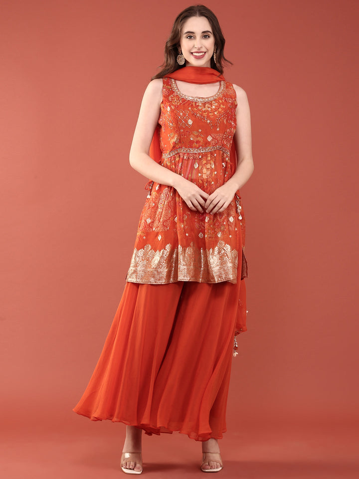 Neerus Orange organza digital printed suit set - back view