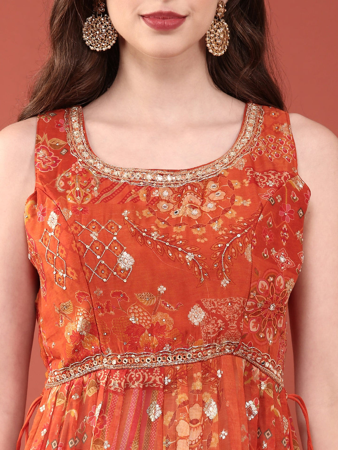 Neerus Orange organza digital printed suit set - detail view 2