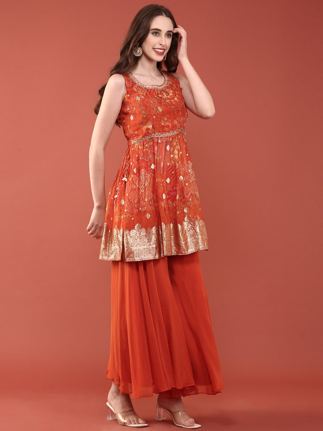 Neerus Orange organza digital printed suit set - side view