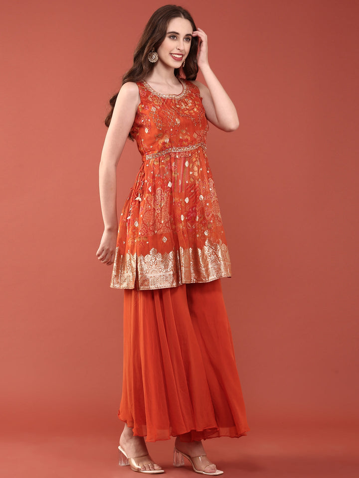 Neerus Orange organza digital printed suit set - side view