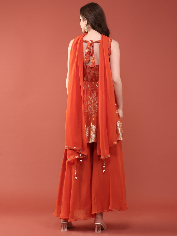 Neerus Orange organza digital printed suit set - detail view 1