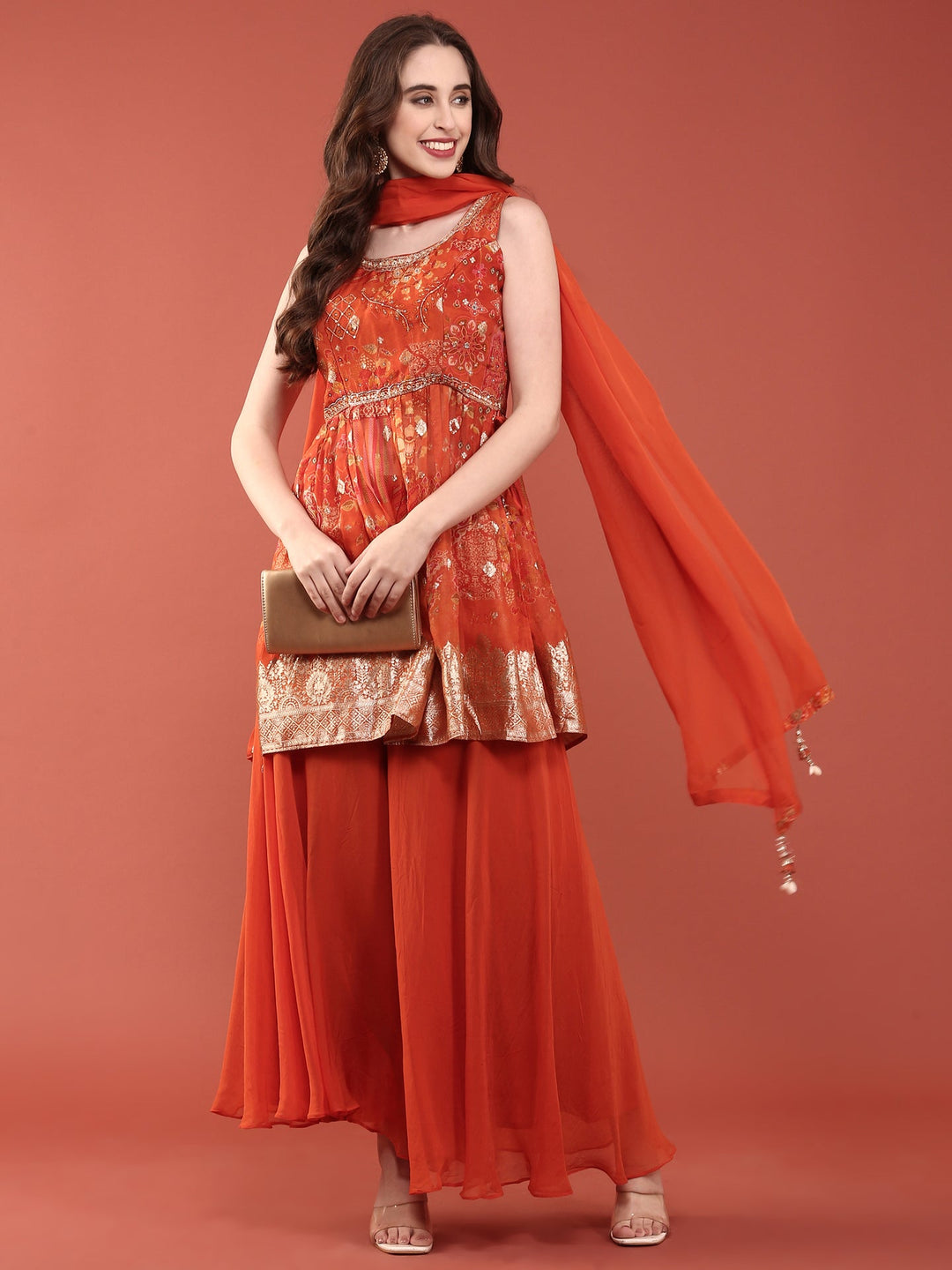 Neerus Orange organza digital printed suit set - detail view 3