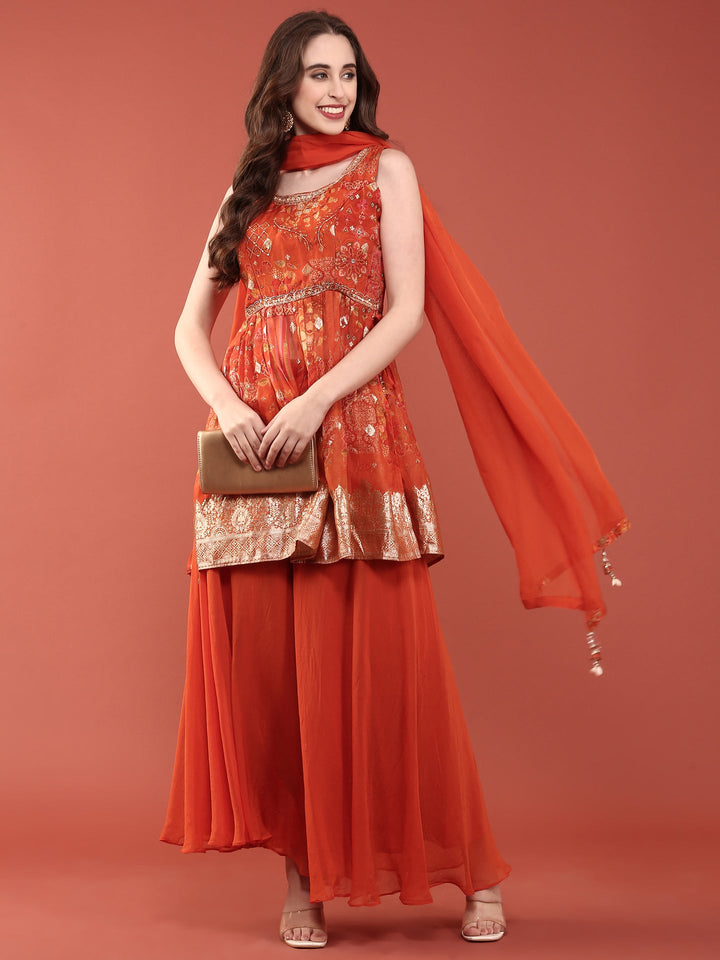 Neerus Orange organza digital printed suit set - detail view 3
