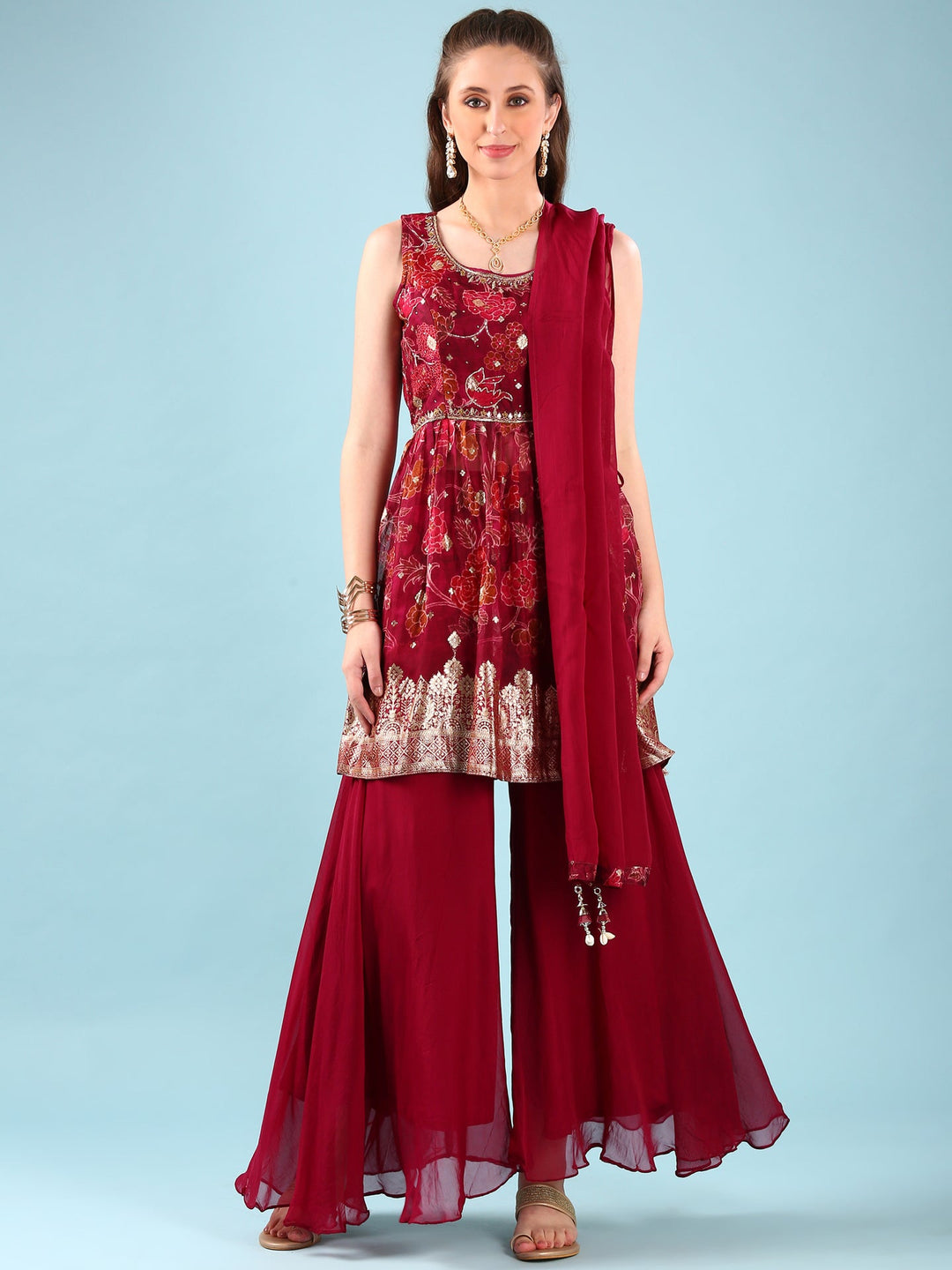 Neerus Maroon Organza Digital Printed Suit Set - front view