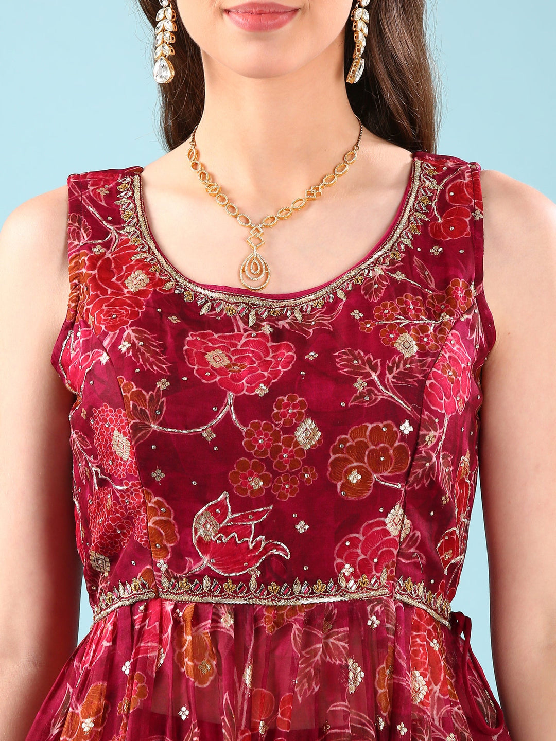 Neerus Maroon Organza Digital Printed Suit Set - detail view 1
