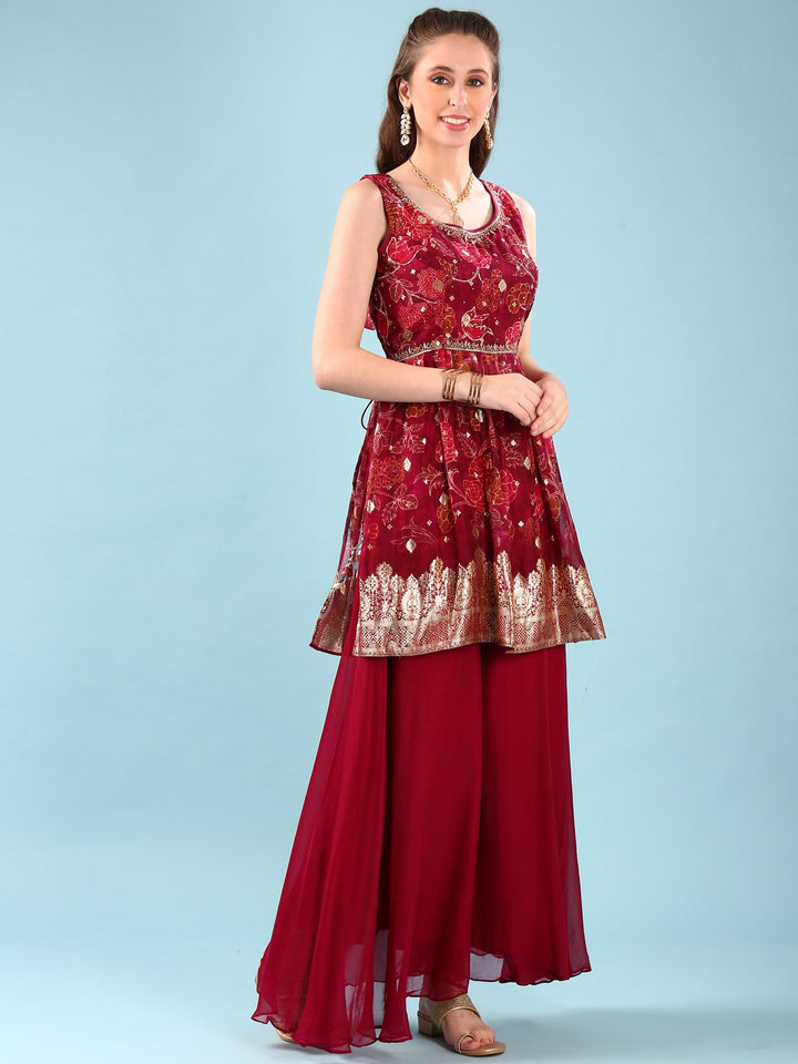 Neerus Maroon Organza Digital Printed Suit Set - back view