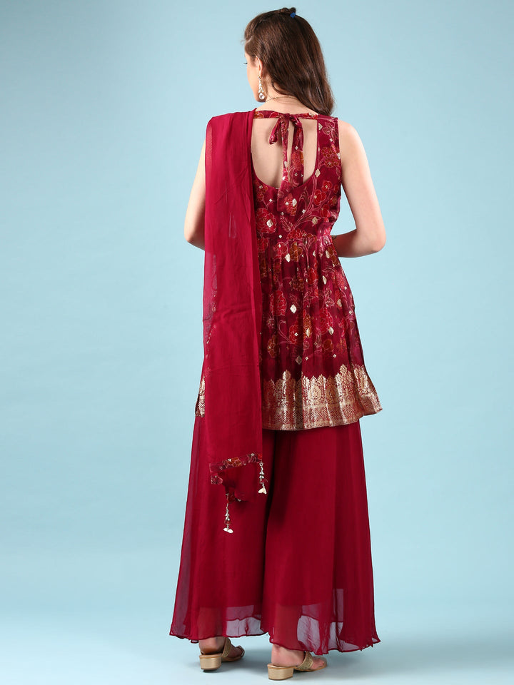 Neerus Maroon Organza Digital Printed Suit Set - side view