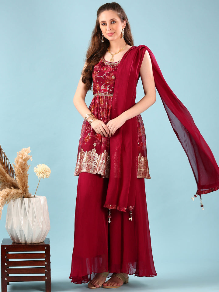 Wine Organza Digital Print Palazzo Set