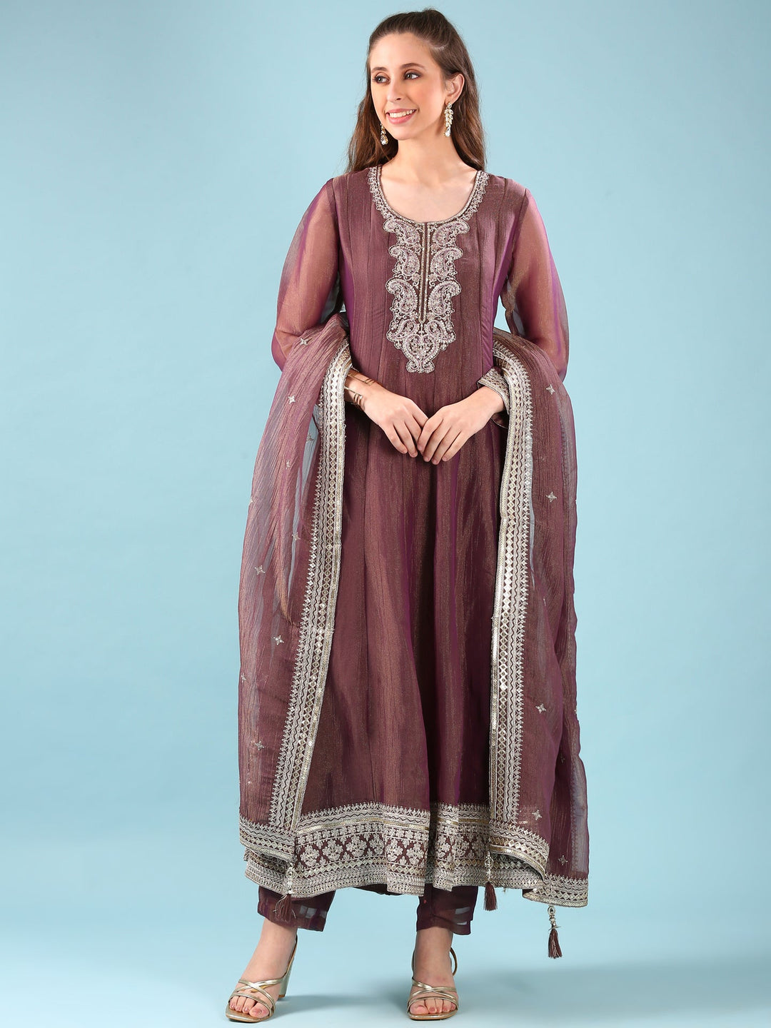 Neerus Maroon tissue Anarkali suit set - front view