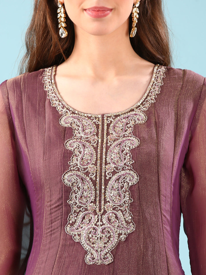 Neerus Maroon tissue Anarkali suit set - detail view 1